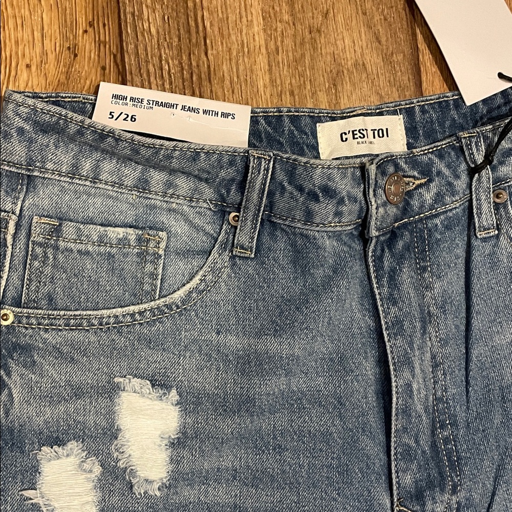 C'est Toi High Rise Straight Jeans with Rips Junior Size 5 - Picture 3 of 6